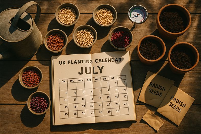 UK garden calendar showing July planting season with radish seeds and soil thermometer